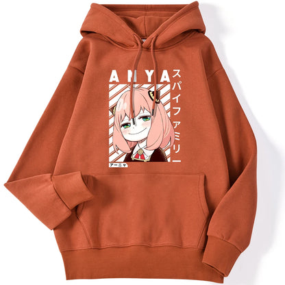 Winter Female Hoodies Anime Anya-Spy X Family Art Printed Sweatshirt Drop Sleeves Pocket Top Strecth Warm Funny Woman Streetwear