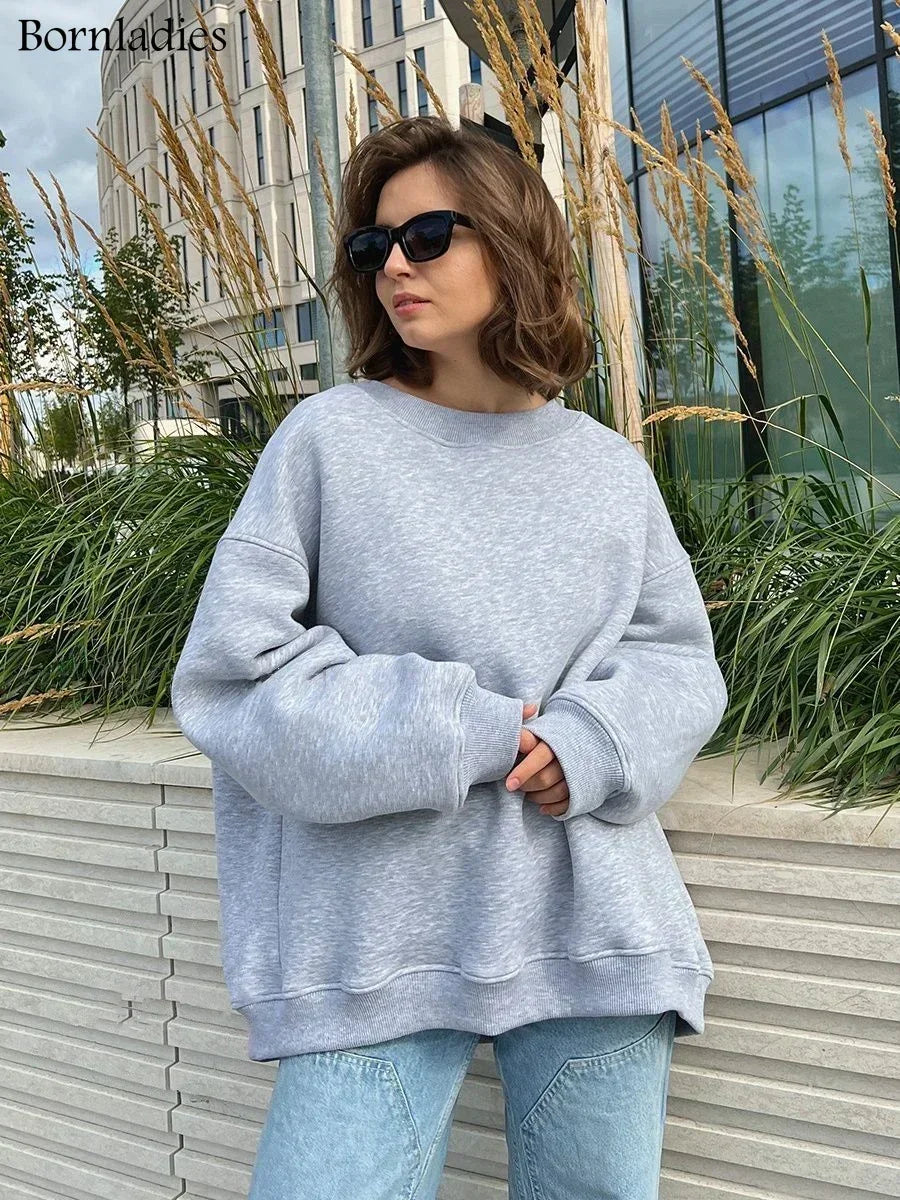 Bornladies Oversized Hoodies & Sweatshirts for Women Autumn Winter Thick Warm Fleece Sweatshirt Girls Streetwear Loose Pullovers