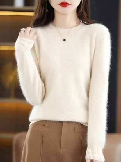 Autumn Winter Women’s 100% Mink Cashmere O-neck Pullovers Sweater Classical Casual Long Sleeve Knitwear Female Clothing Tops New