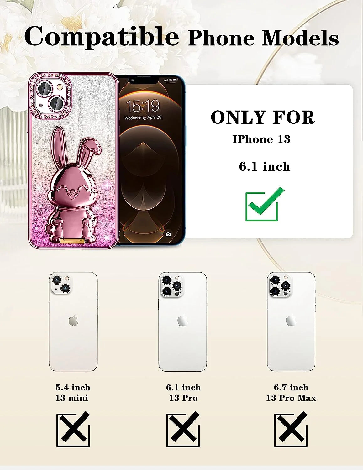 Phone 13 Case Women Cute for Apple Funda Phone Cover Aesthetic Glitter Girls Girly Animal Rhinestone Diamond Design Kawaii Pink Rabbit Stand Kickstand Bling Forro Luxury Estuche Sparkly