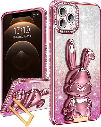 Phone 13 Case Women Cute for Apple Funda Phone Cover Aesthetic Glitter Girls Girly Animal Rhinestone Diamond Design Kawaii Pink Rabbit Stand Kickstand Bling Forro Luxury Estuche Sparkly