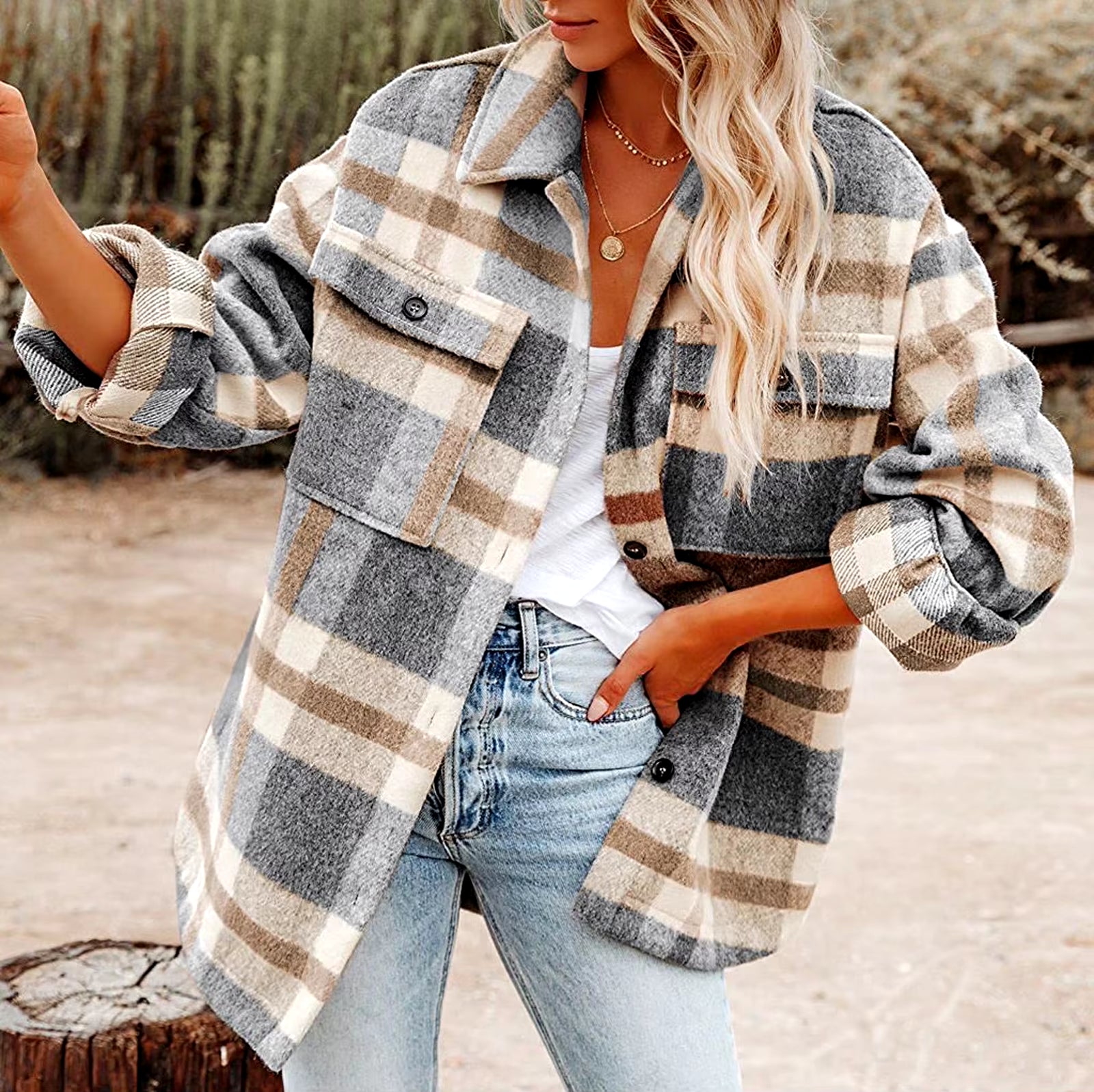 Women'S Vintage Brushed Plaid Shirts Long Sleeve Flannel Lapel Button down Pocketed Shacket Flannel Jacket Coats Winter L5